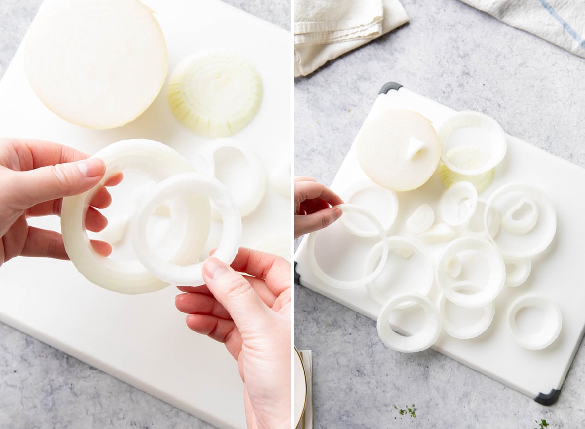 Two photo showing how to Make Air Fryer Onion Rings – slicing an onion into ½-inch rings and separating slices into individual rings over a cutting board