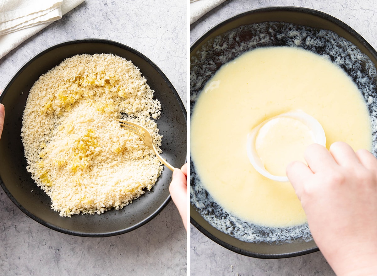Two photo showing how to Make Air Fryer Onion Rings – stirring the panko breadcrumb and oil together and then dipping a ring into the egg batter.