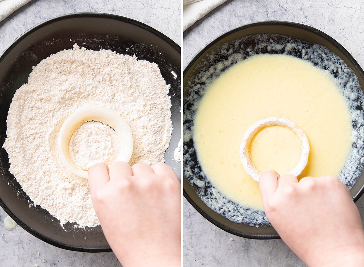 Two photos showing how to Make this healthier appetizer recipe – dipping into flour mixture and then the egg mixture.
