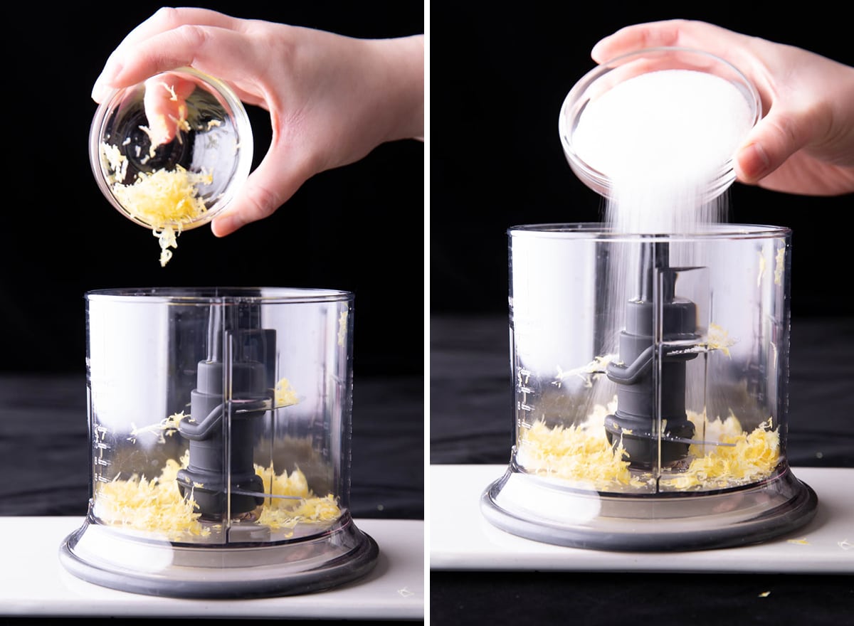 Two photos showing How to Make Lemon Sugar – adding lemon sugar and lemon zest into a small food processor.
