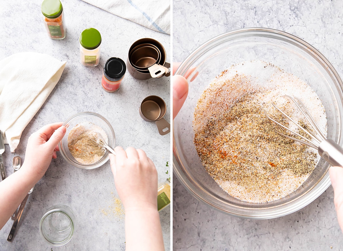 Two photos showing How to Make Seasoned Salt – mixing spices together in a bowl on a kitchen table with spice bottles and measuring spoons