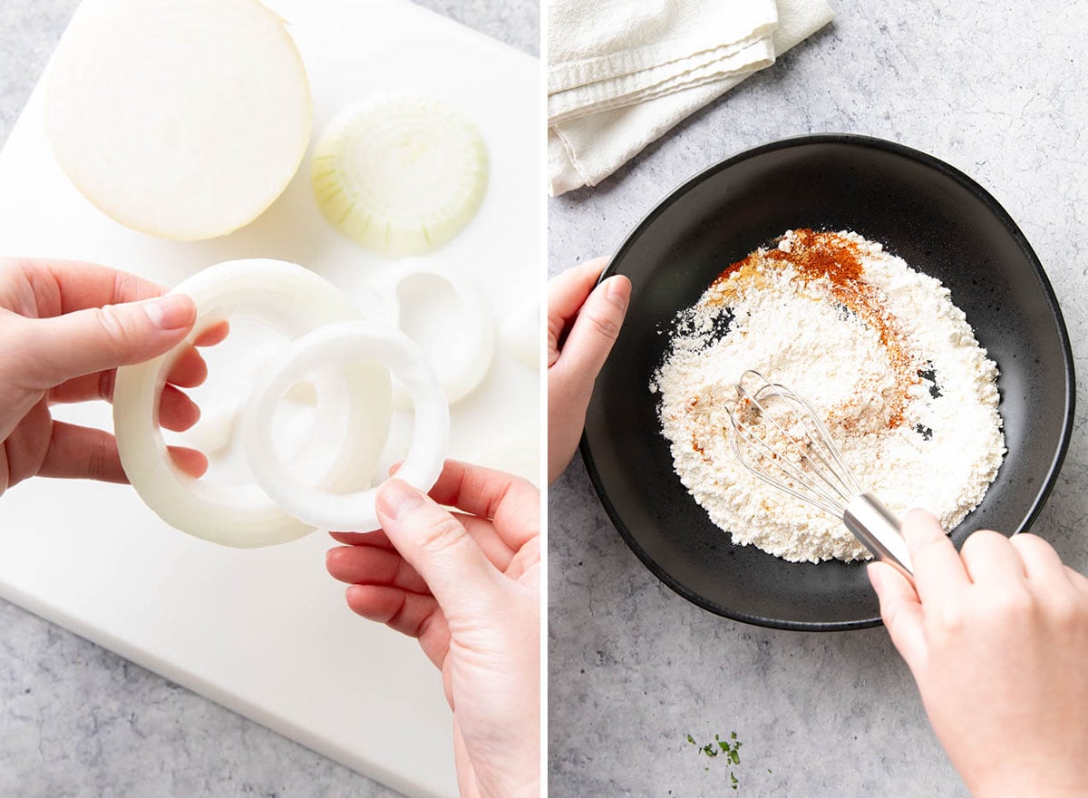 Separating sliced onions into rings and stirring together dry batter