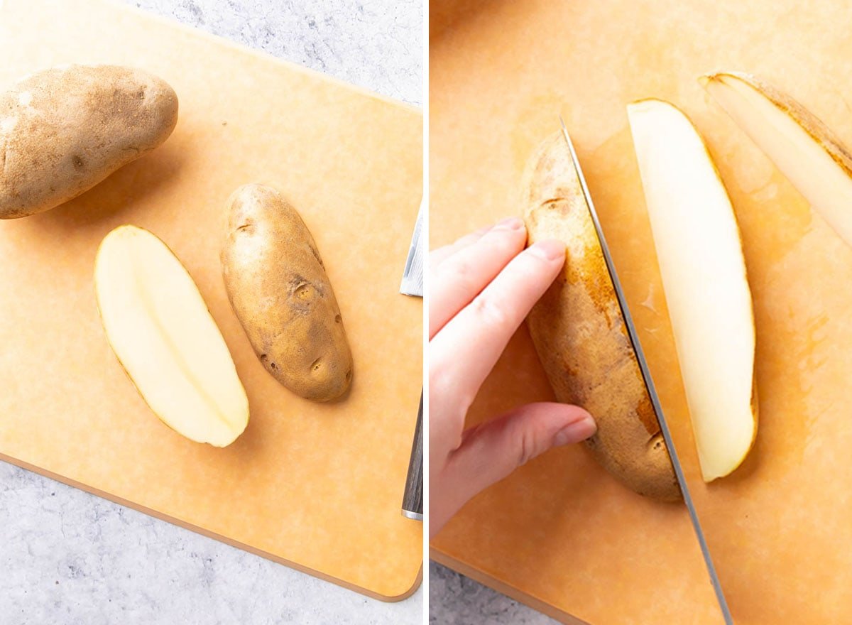 Two photos showing How to Make Air Fryer Potato Wedges - demonstrating how to slice the potato in half, then into wedges