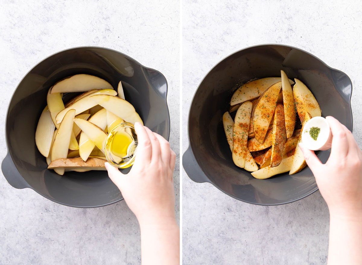 Pouring oil and seasonings over homemade potato wedges in a mixing bowl