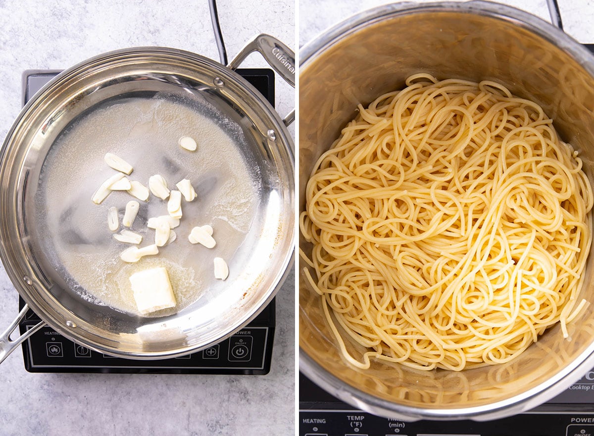 Two photos showing How to Make Garlic Butter Pasta - cooking garlic butter and spaghetti