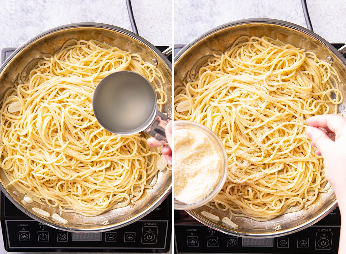 Two photos showing How to Make this Italian dinner dish - adding reserved pasta water and tossing with sauce