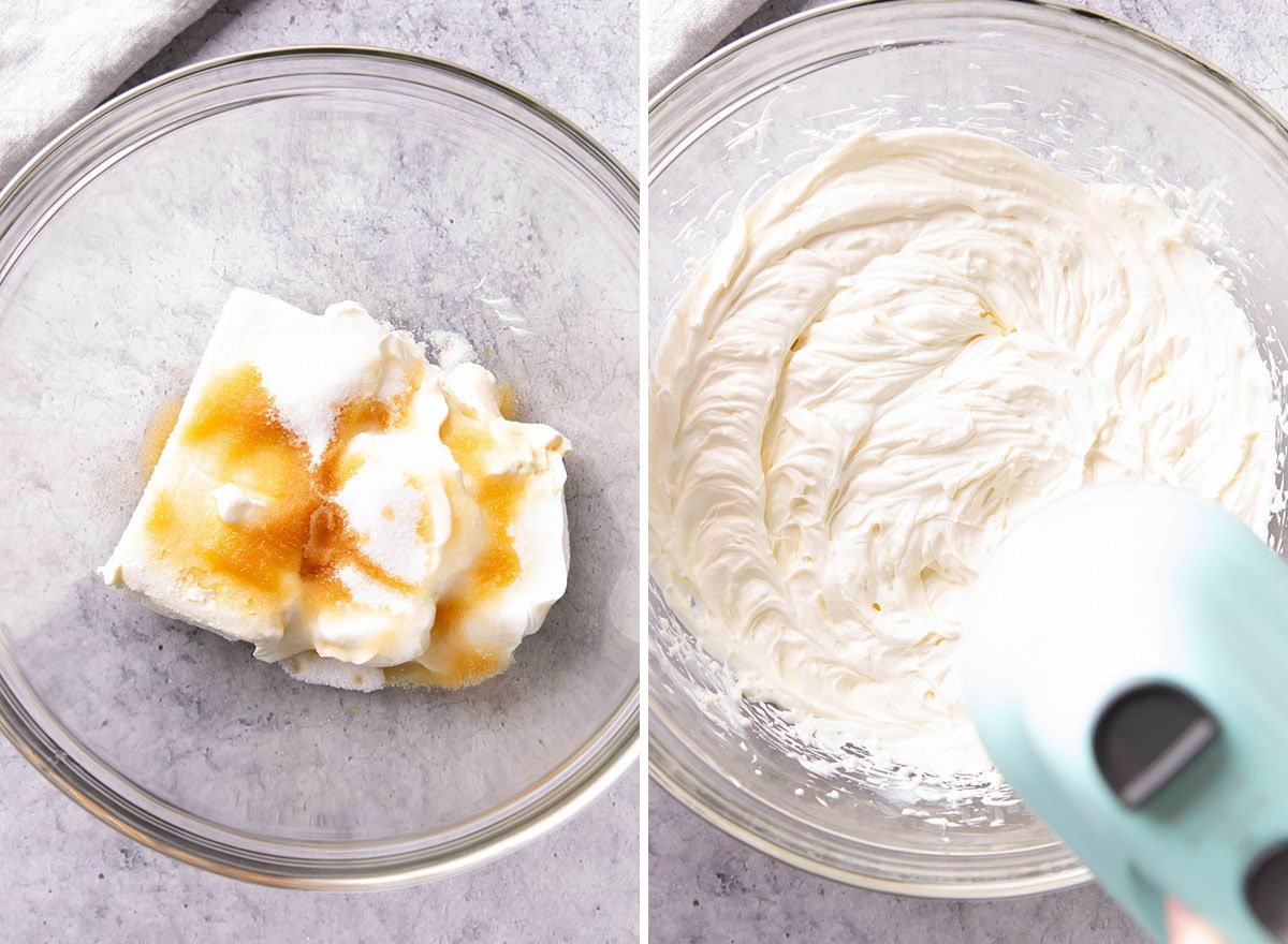 Two photos showing How to Make Grape Salad - adding cream cheese, sour cream, sugar, and vanilla to a mixing bowl and using a hand mixer to beat it all together