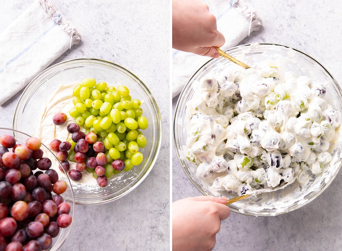 Two photos showing How to Make this Grape Salad Recipe - adding red and green grapes to the sweetened dressing and folding to coat