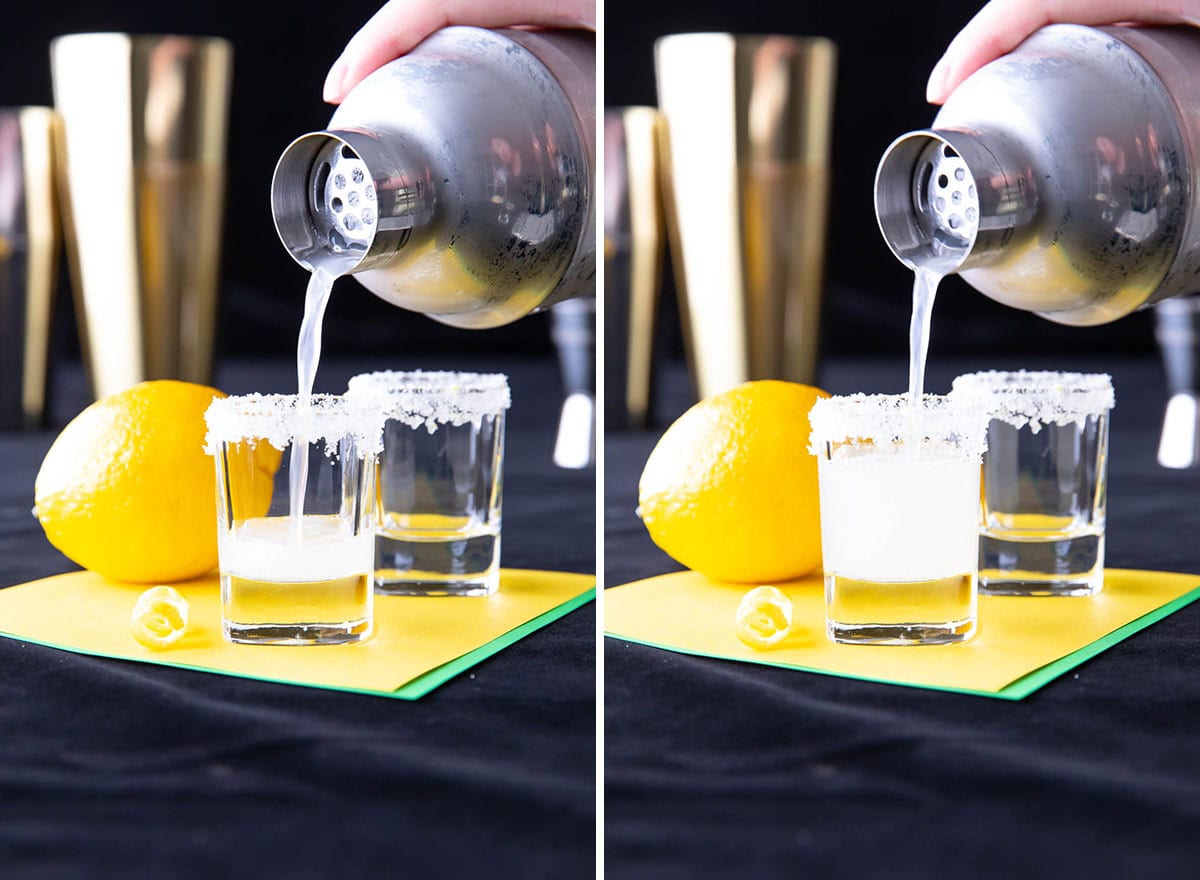 Two photos showing how to make a lemon drop shot - straining shot mixture into a sugared rim shot glass