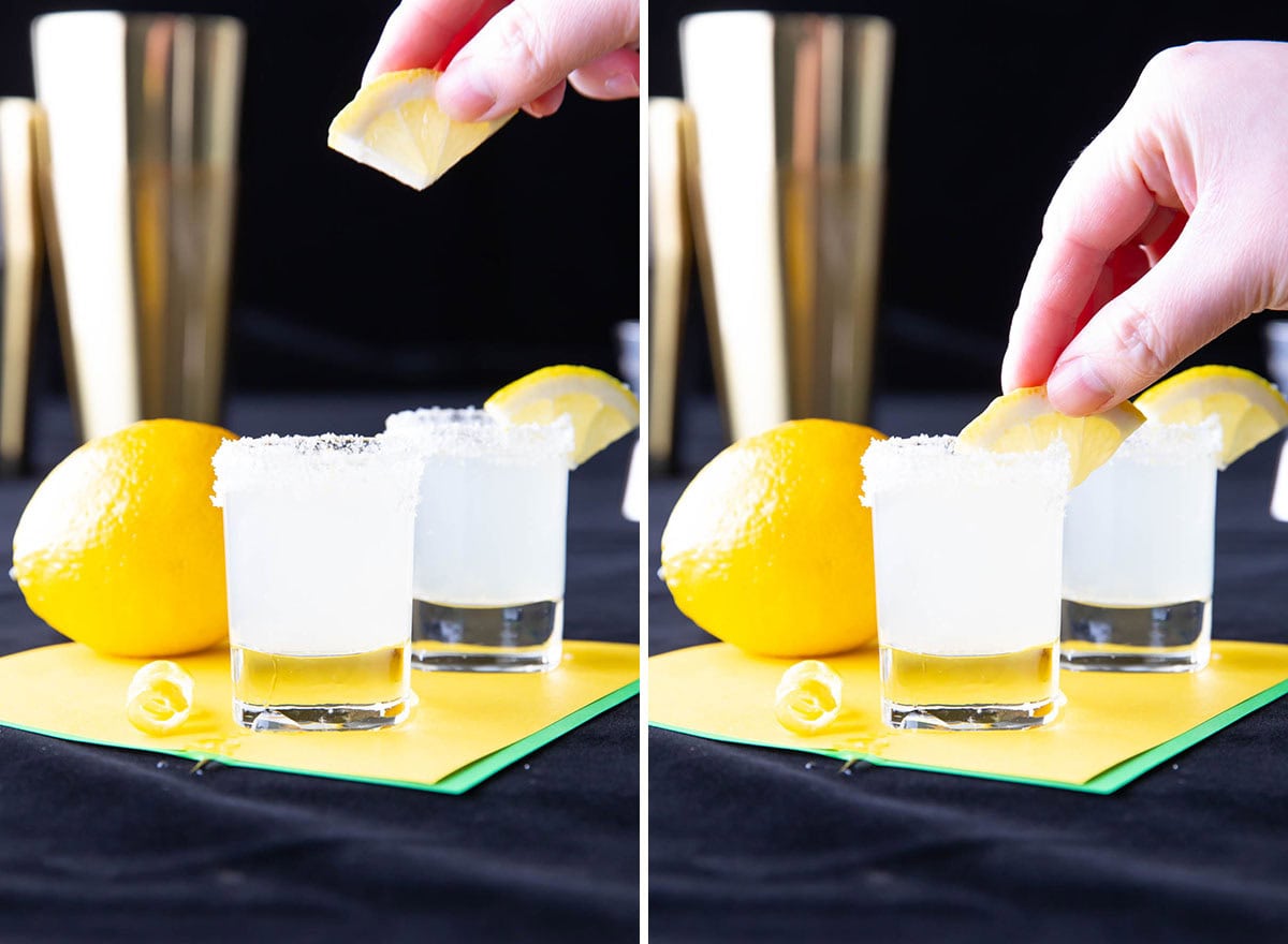 Two photos showing How to Make this vodka recipe - adding a sugared wedge