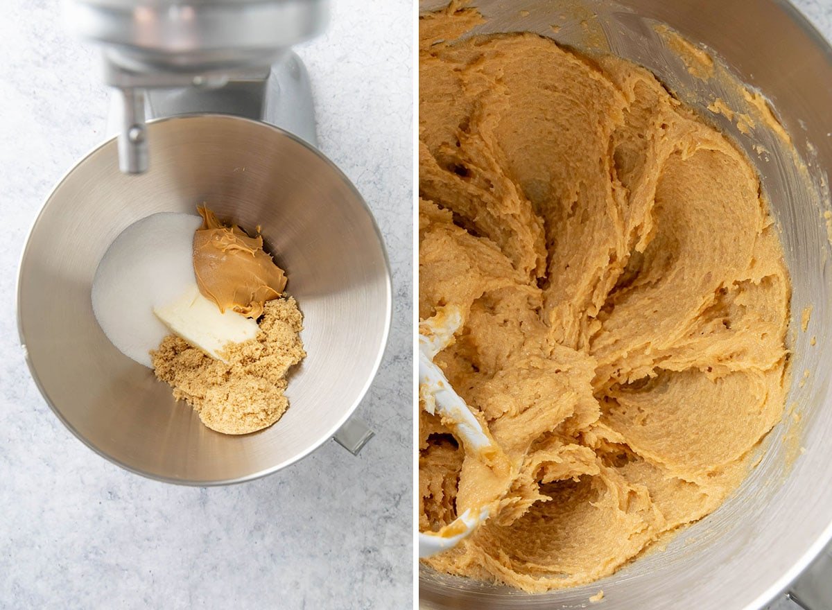 Two photos showing How to Make Peanut Butter Blondies – creaming the sweetened peanut butter wet mixture