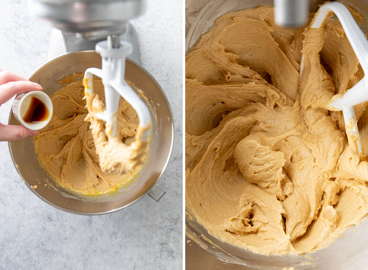Two photos showing How to Make Peanut Butter Blondies – beating in egg, milk, and vanilla to create a fluffy base