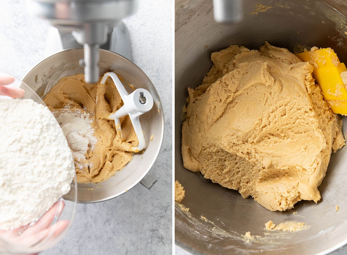 Two photos showing How to Make these dessert bars – adding the flour mixture to create the cookie dough