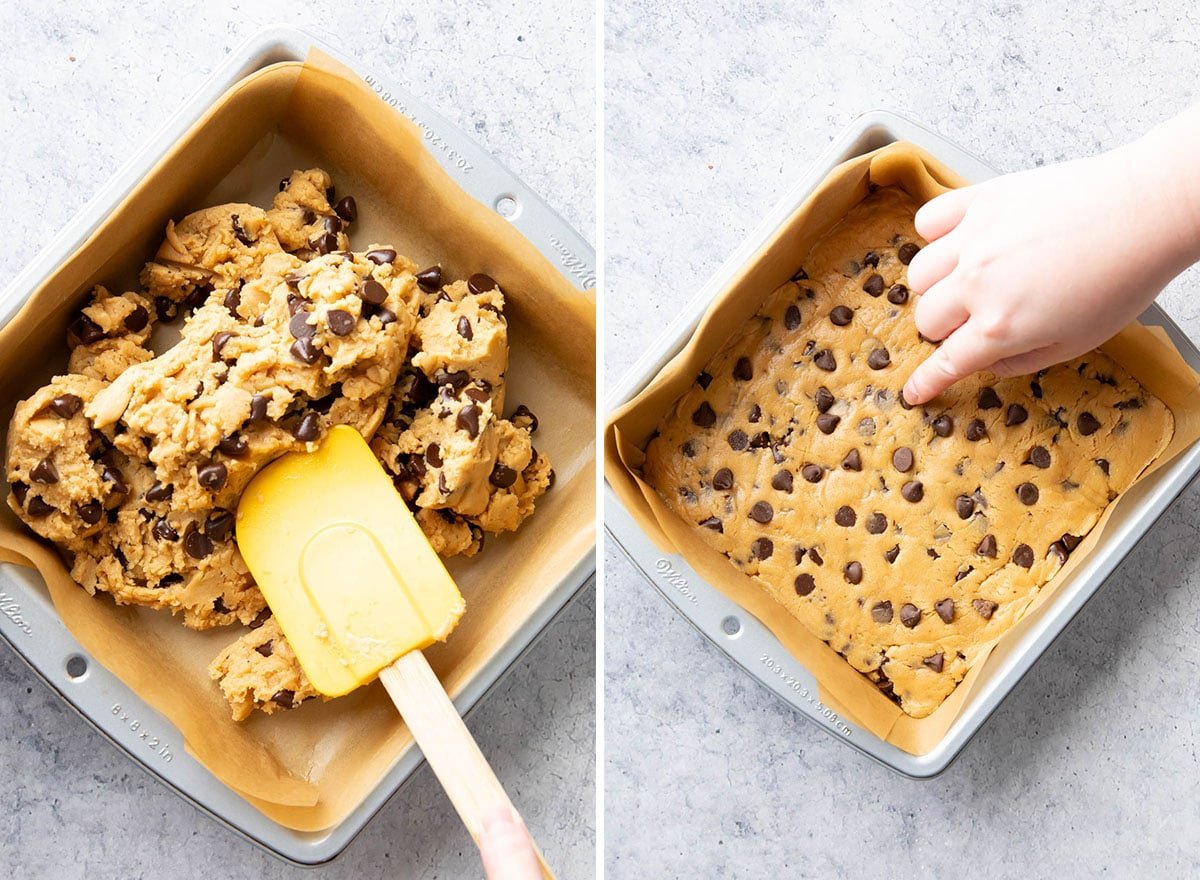 Smoothing dough into an even layer in the baking pan and pressing chocolate chips into the top before baking