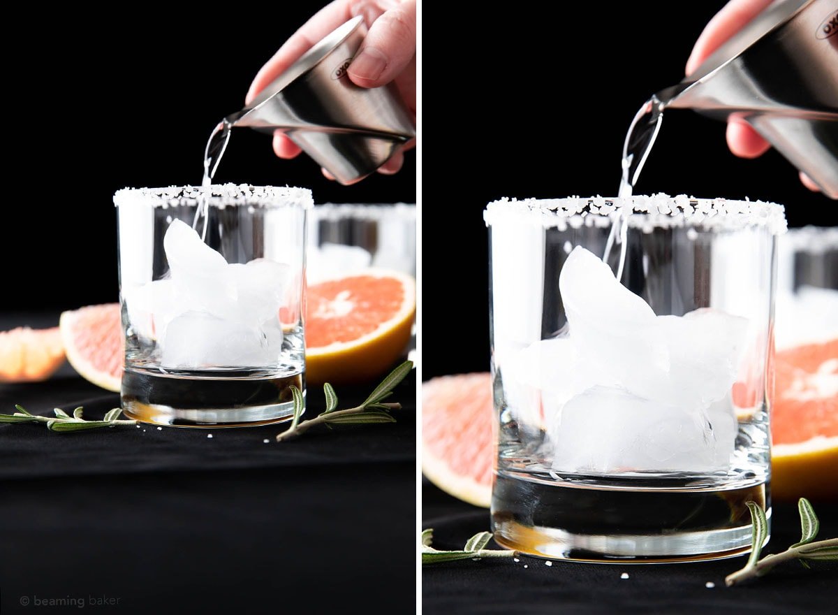 pouring gin from a measuring jigger into a glass showing how to make a salty dog drink