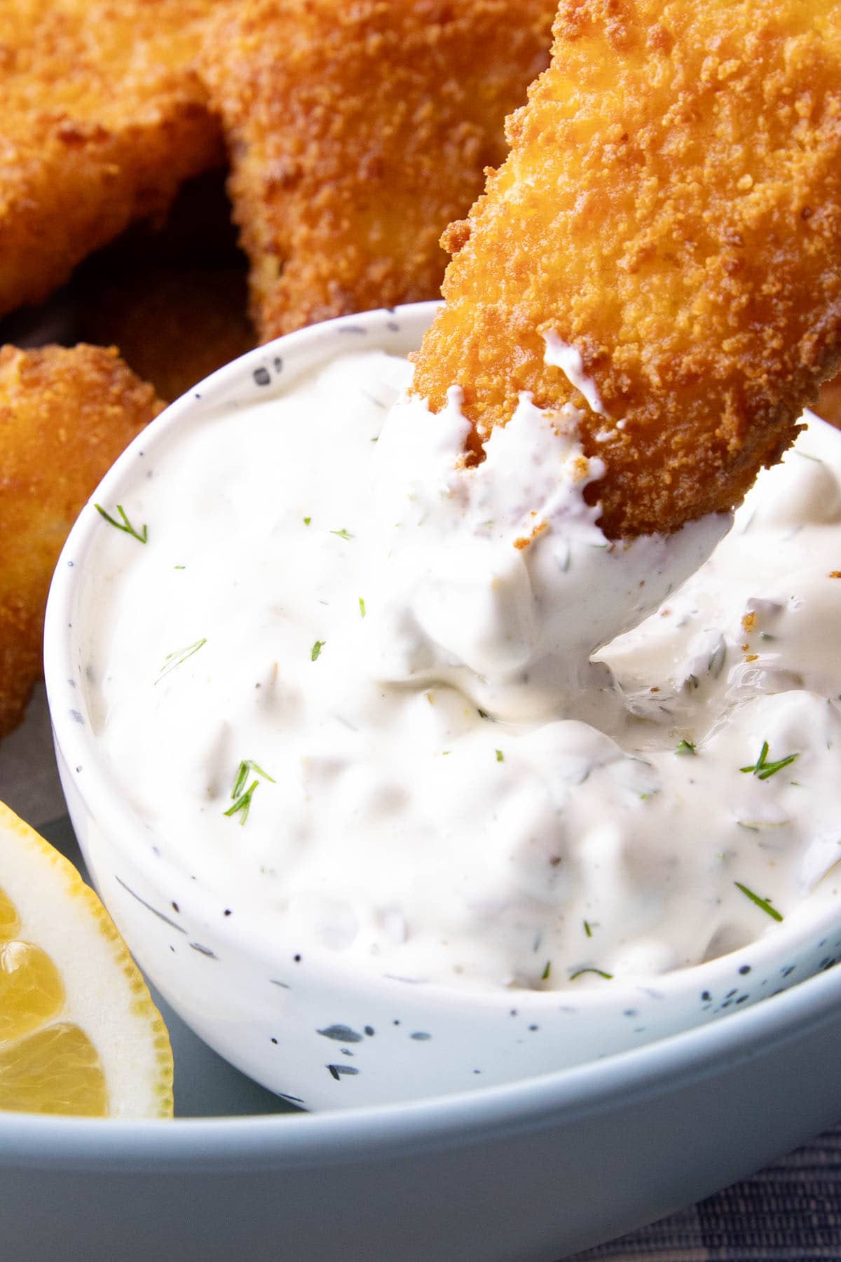 Eating this homemade dipping recipe easy with fried seafood and a lemon wedge.