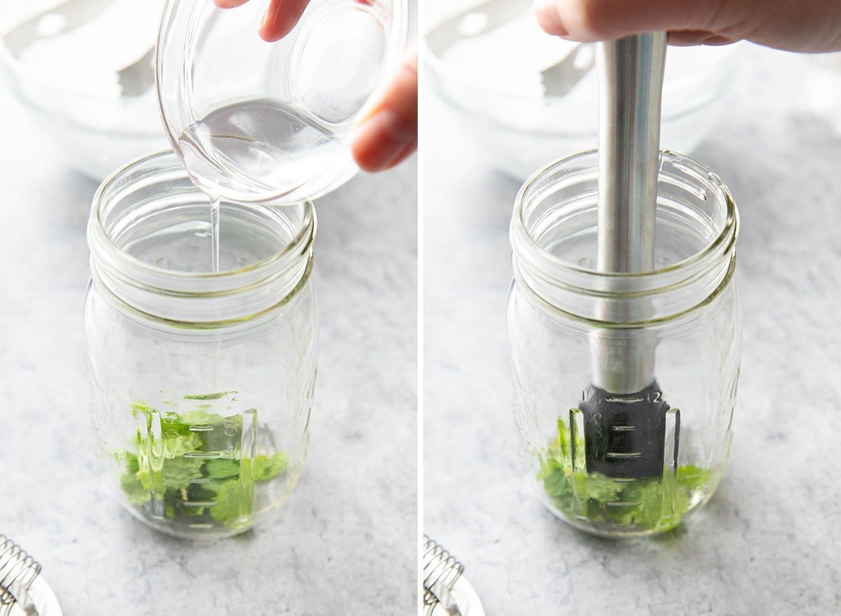Two photos showing How to Make a Virgin Mojito - pouring simple syrup over mint leaves and pressing out their oils with a muddler