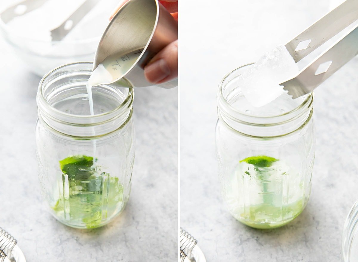 Two photos showing How to Make a Virgin Mojito Cocktail - pouring fresh lime juice and adding ice over the muddled mint