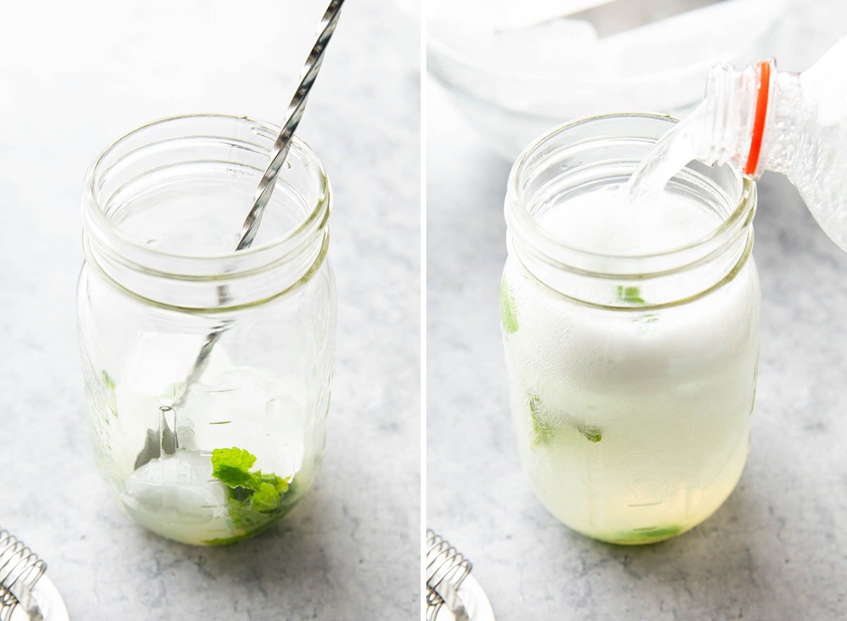 6P - Two photos showing How to Make this Non-Alcoholic Cocktail Recipe - stirring mint, simple syrup, and ice together and adding club soda to top off this summer drink