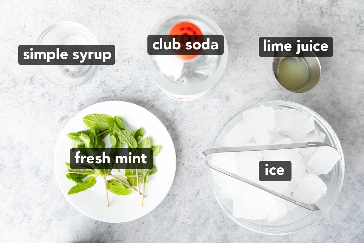 The ingredients for this recipe for virgin mojito cocktail including simple syrup, club soda, lime juice, fresh mint, and ice.