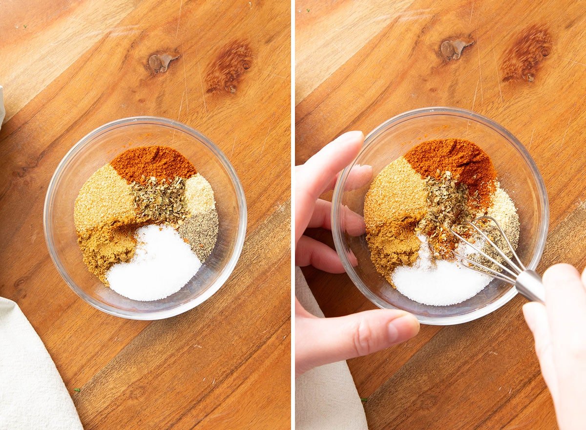 Two photos showing How to Make Taco Seasoning - stirring spices together with a whisk
