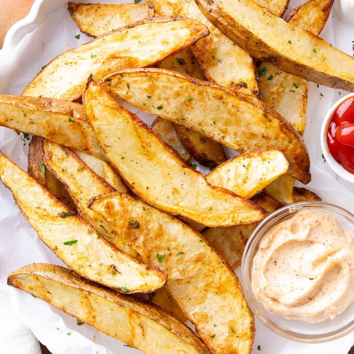 square photo of air fryer potato wedges served with dipping sauces.