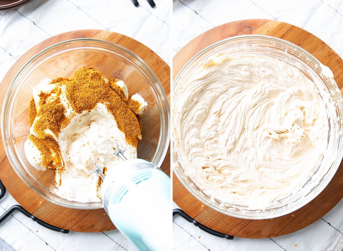 Two photos showing How to make Taco Dip - using a hand mixer to beat cream cheese, sour cream, and taco seasonings together to make the first layer