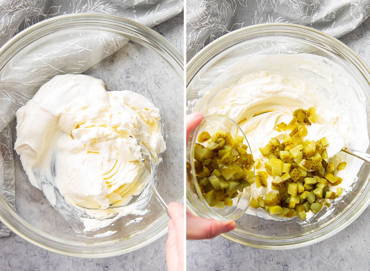 Two photos showing how to make dill pickle dip - stirring together cream cheese and sour cream, then adding in dill pickles
