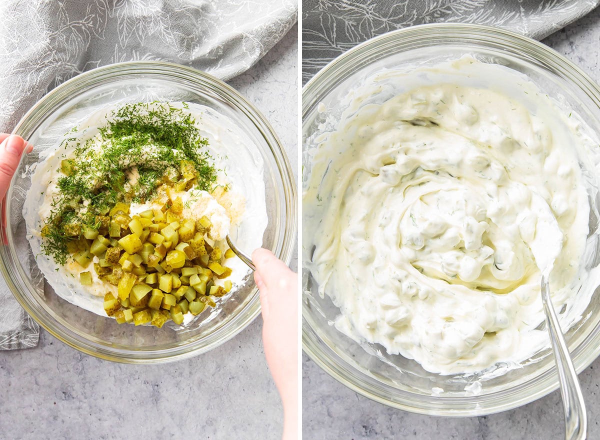 Stirring and folding together the ingredients for this creamy, rich, and tangy condiment that’s great for snacks and game day