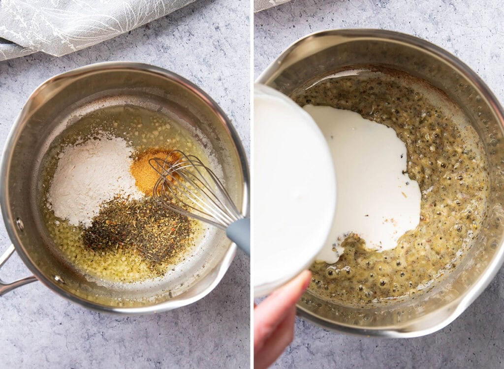 Two photos showing how to make garlic parmesan sauce - whisking together minced garlic, garlic powder, flour, and seasoning with heavy cream
