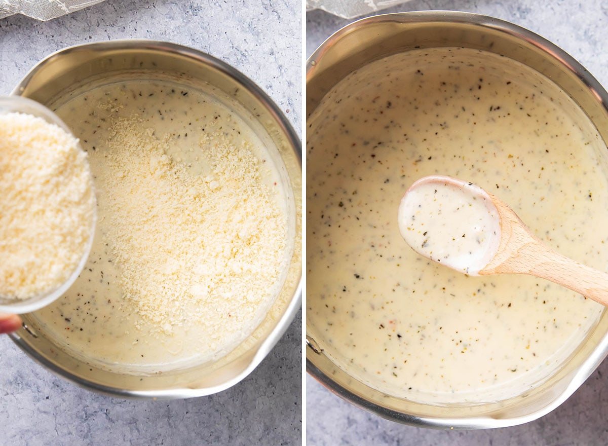 Melting cheese and whisking to thicken this homemade recipe