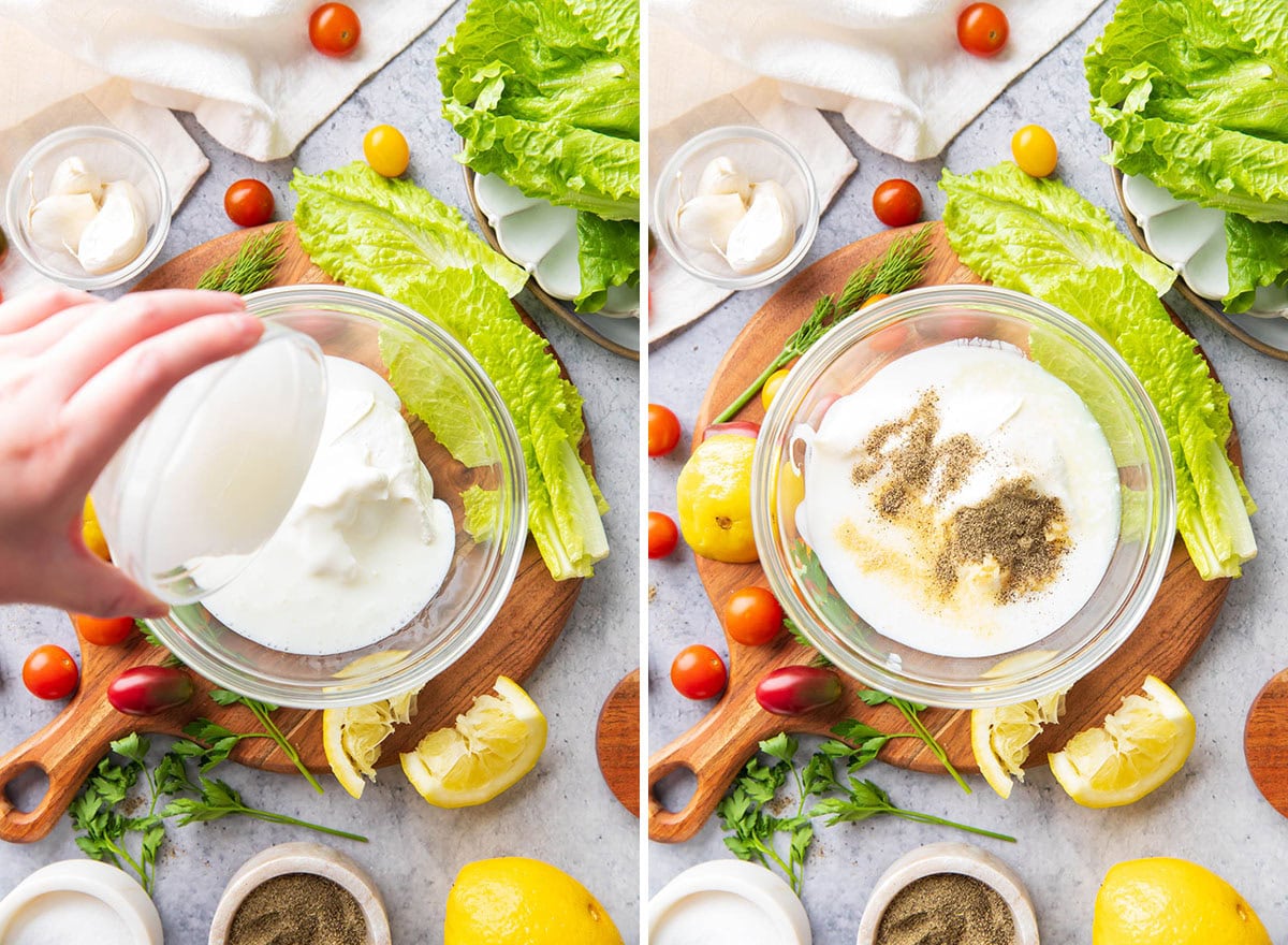 Two photos showing how to make ranch dressing - adding sour cream and buttermilk with onion, garlic, zesty lemon juice, and black pepper.