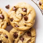 close up of peanut butter chocolate chip cookies with chewy texture, packed with peanut butter and chocolate chips