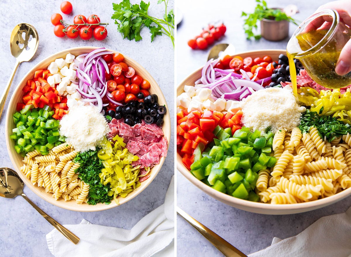 Organized in bowl and pouring dressing Angled - Two photos showing how to make Italian pasta salad - Ingredients neatly laid out in a salad bowl and pouring dressing over it.
