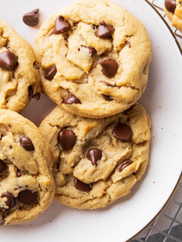 Close up of Peanut Butter Chocolate Chip Cookies on a plate to showcase chewy and moist texture and melted chocolate chips