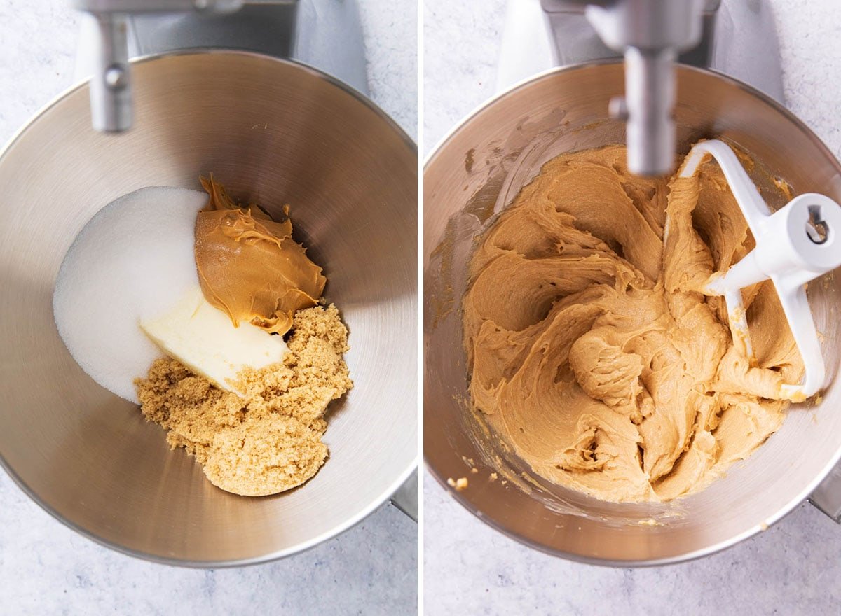 Two photos showing How to Make Peanut Butter Chocolate Chip Cookies - adding sugar, butter, peanut butter, and brown sugar to a stand mixer and mixing