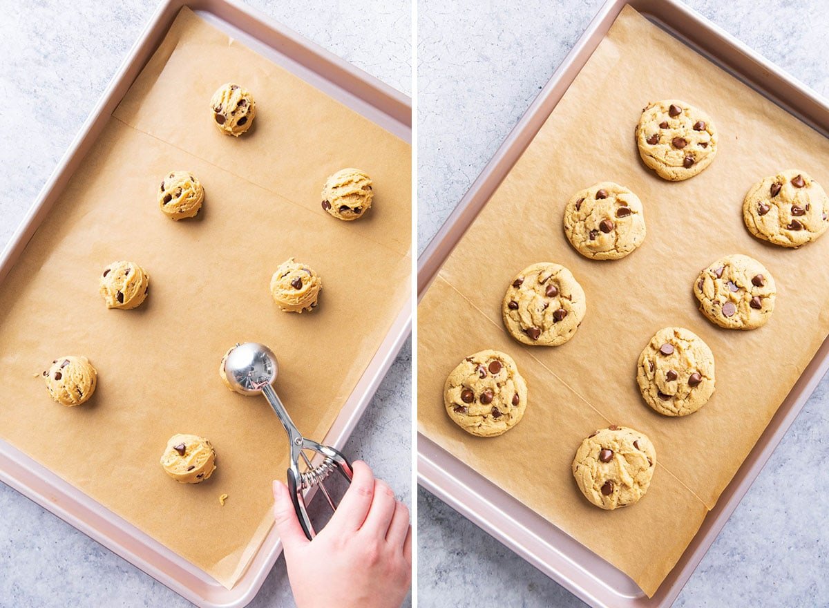 Two photos showing unbaked cookie dough balls on the cookie sheet and fully baked cookies on the sheet.