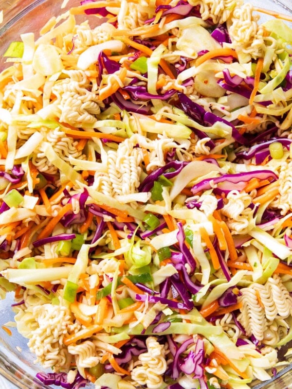 Close up of this delicious ramen noodle salad coated with asian ramen seasoning dressing