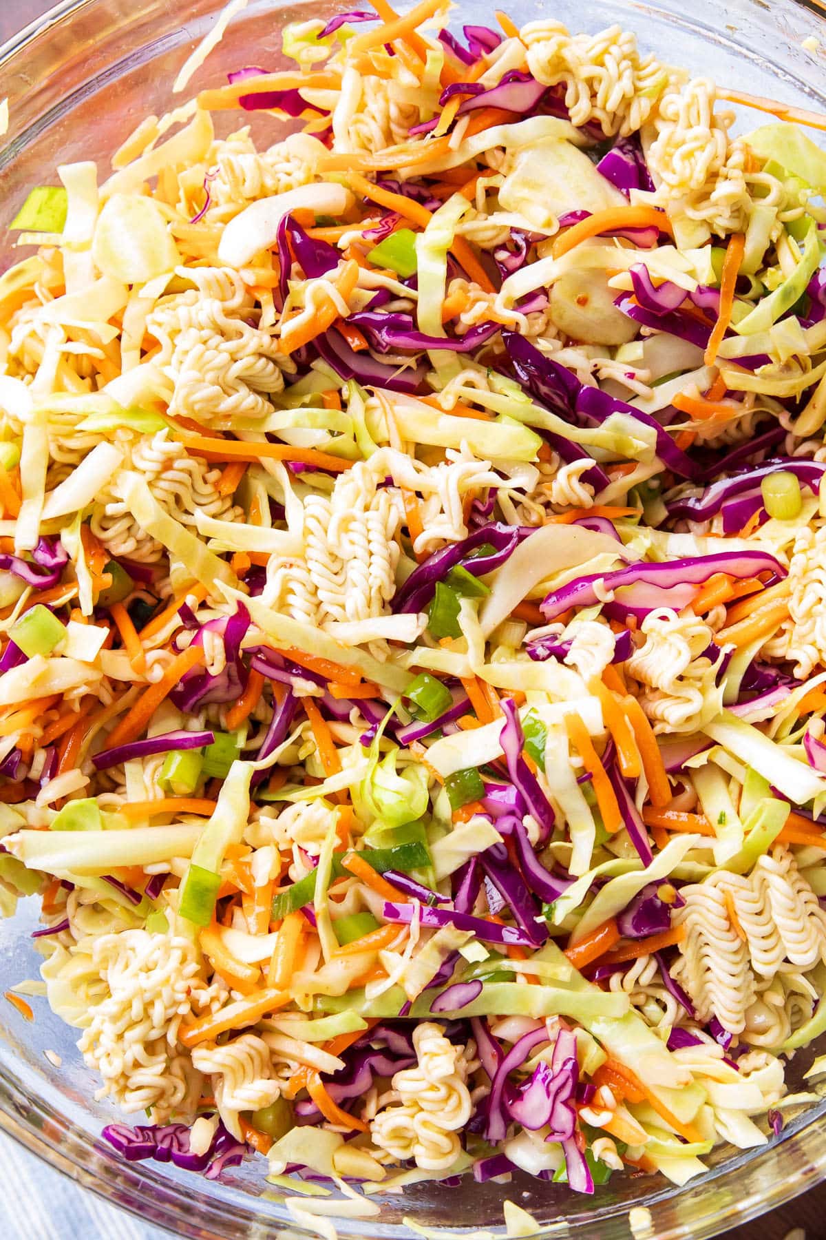 Close up of this delicious ramen noodle salad coated with asian ramen seasoning dressing