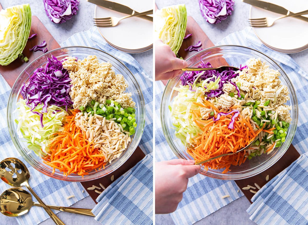 Two photos showing how to make ramen noodle salad - tossing the salad ingredients with tongs