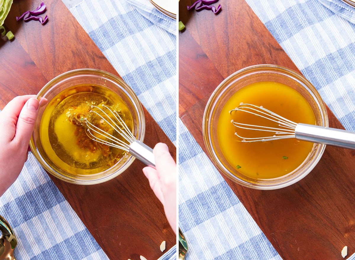 Two photos showing how to make the dressing for this recipe - whisking ingredients together