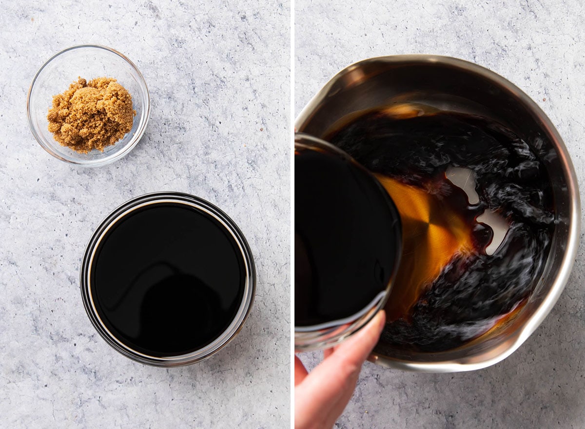 Two photos showing how to make balsamic glaze brown sugar and balsamic vinegar in prep bowls and pouring vinegar into a saucepan to cook