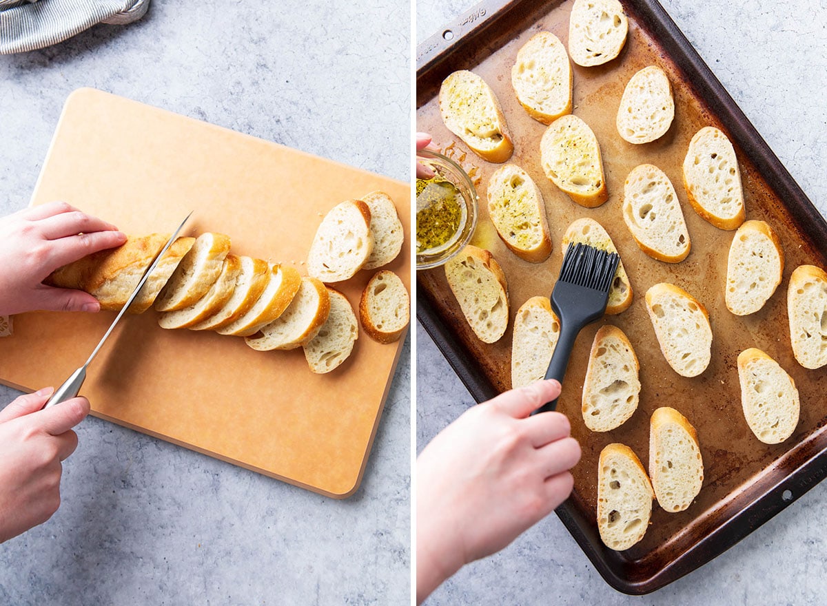 Two photos showing how to make bruschetta - slicing baguettes, laying them out on a baking sheet, and brushing with a seasoned garlic and olive oil mixture