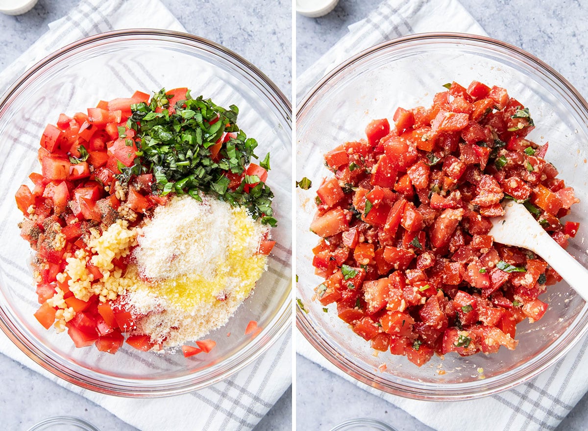 Two photos showing how to make bruschetta - stirring together tomatoes, garlic, chopped basil, and parmesan to make the topping