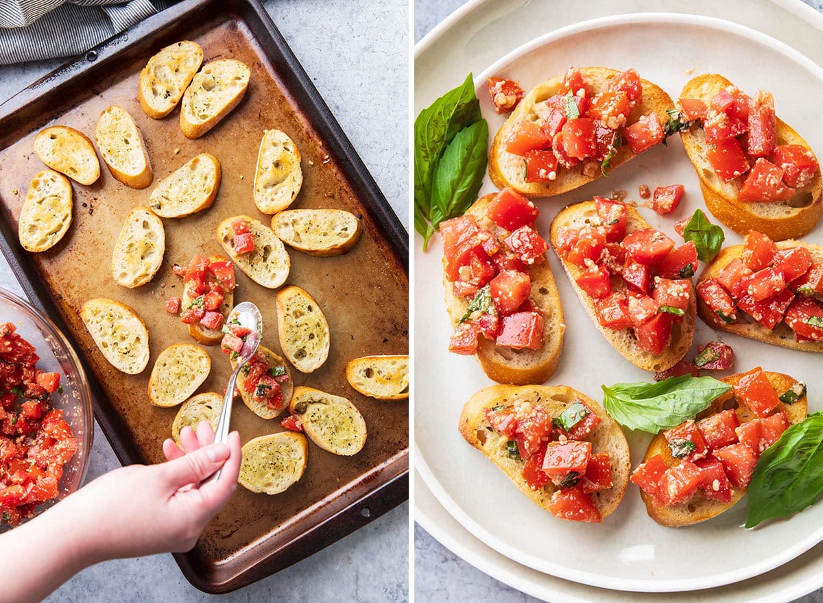 Spooning the Italian seasoned tomato topping over toasted bread and serving on a plate with basil and cheeses