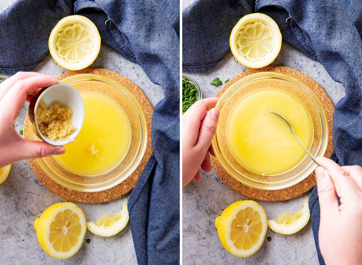 Two photos showing how to make garlic butter sauce - adding minced garlic, seasoning and herbs, and stirring into melted butter