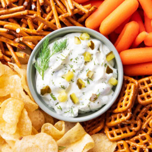 dip bowl filled with creamy dill pickle dip packed with fresh dill