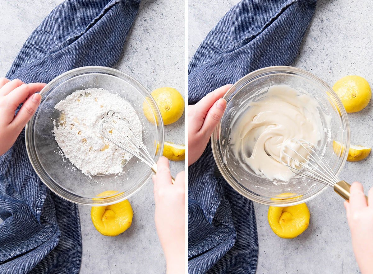 Two photos showing how to make lemon glaze - whisking lemon juice and powdered sugar together until thickened