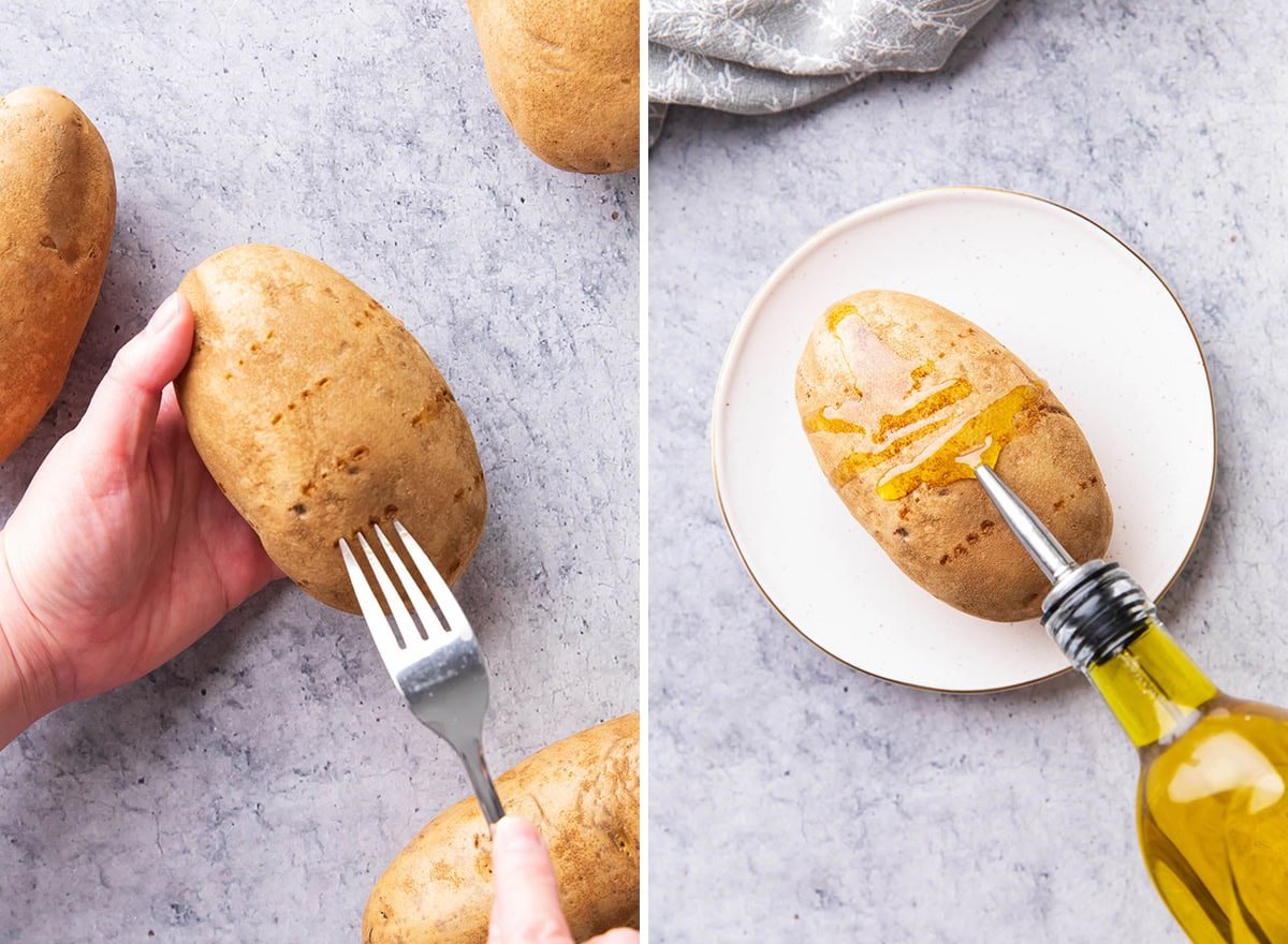 Two photos showing How to Bake Potatoes in Air Fryer - forking holes into a potato, then drizzling in oil to coat