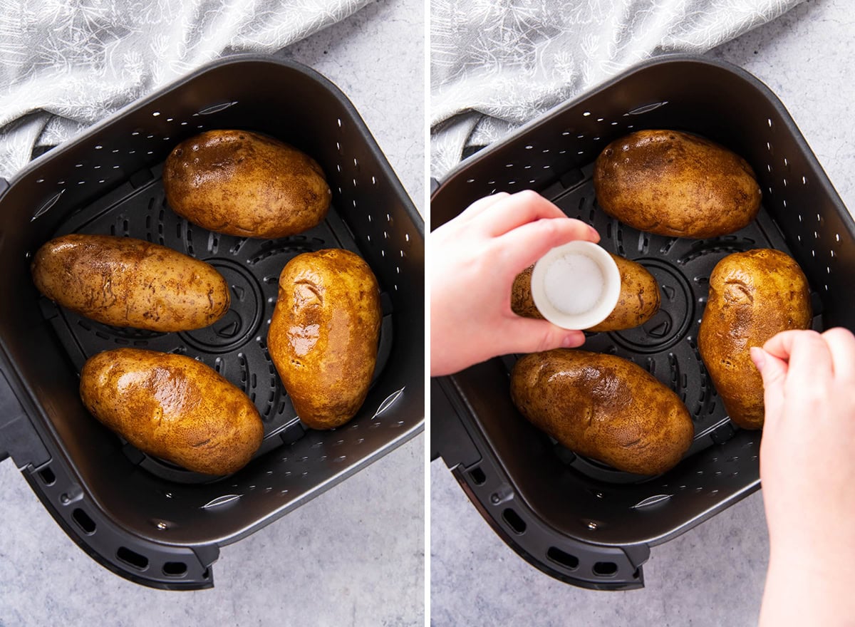 Two photos showing How to Bake a Potato in Air Fryer - laying potatoes out in the air fryer and sprinkling with salt